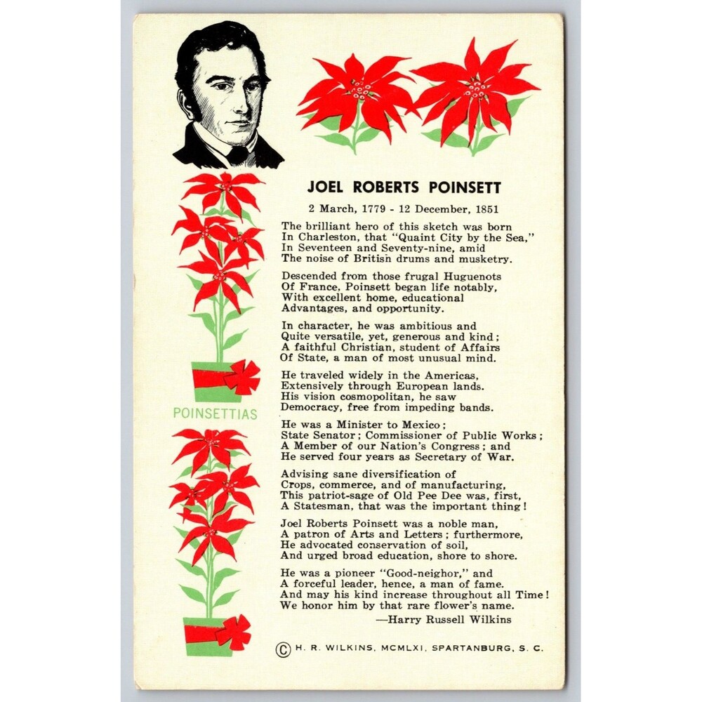 Joel Roberts Poinsett Vintage Postcard 1961 Spartanburg SC History Flower Hotel